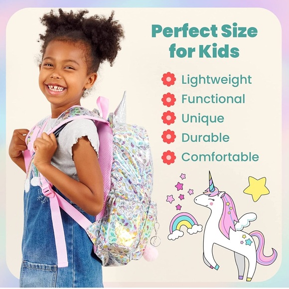 Ombu Girls Unicorn Backpack. Fun and whimsical iridescent fabric. - Picture 9 of 11